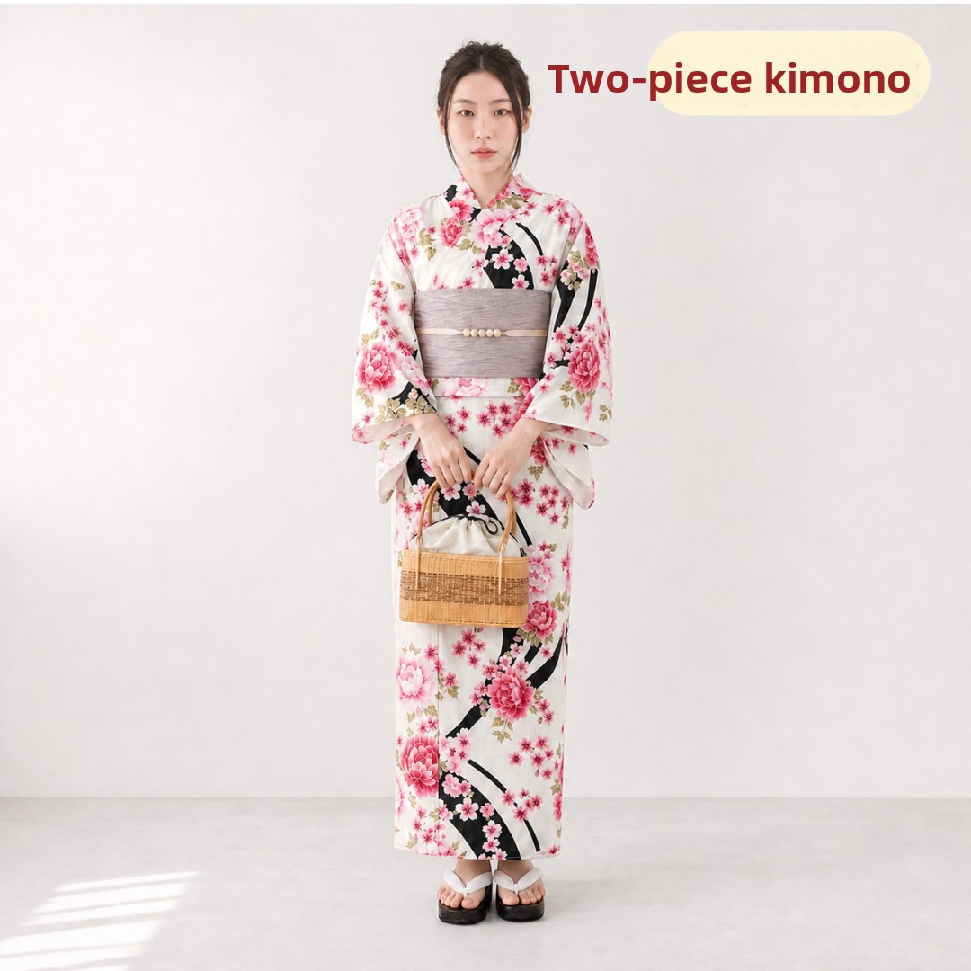 Quality Summer Clothing - Women's Kimono Style Two-Piece Bathrobe Black
