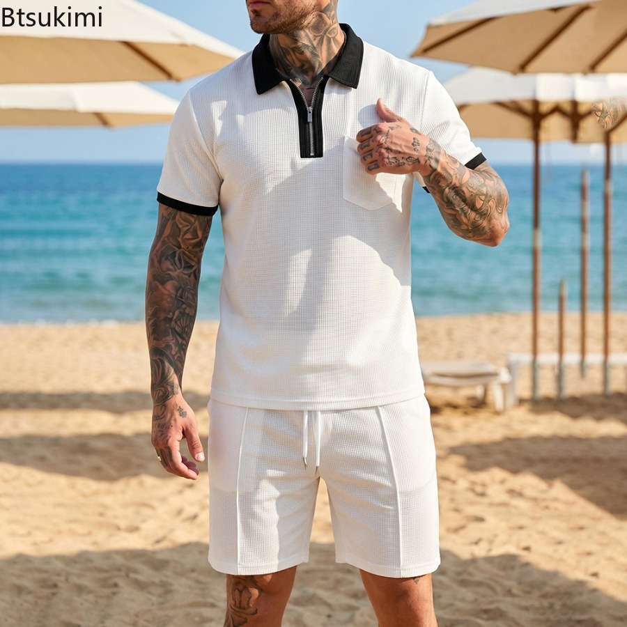 Mens Waffle Collar Polo Short  - Summer Clothing For A Beach ulasan dan harga