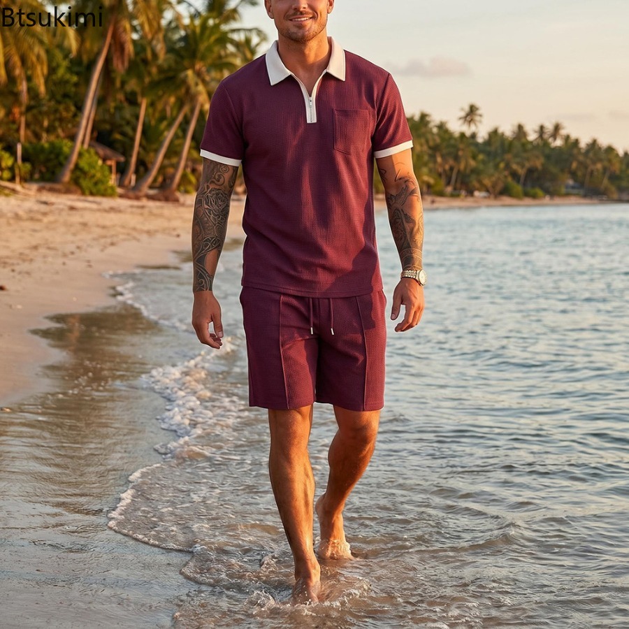 Mens Waffle Collar Polo Short  - Summer Clothing For A Beach ulasan dan harga