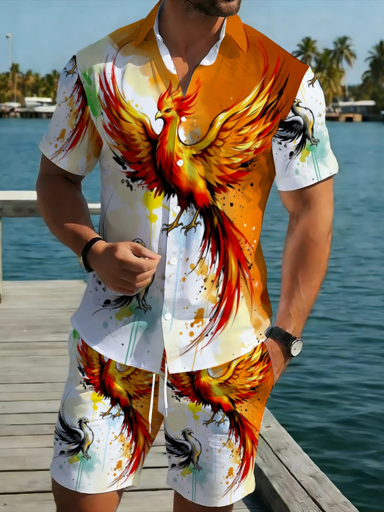 Oriental Phoenix Pattern Men S - Summer Clothing Vacation ulasan dan harga